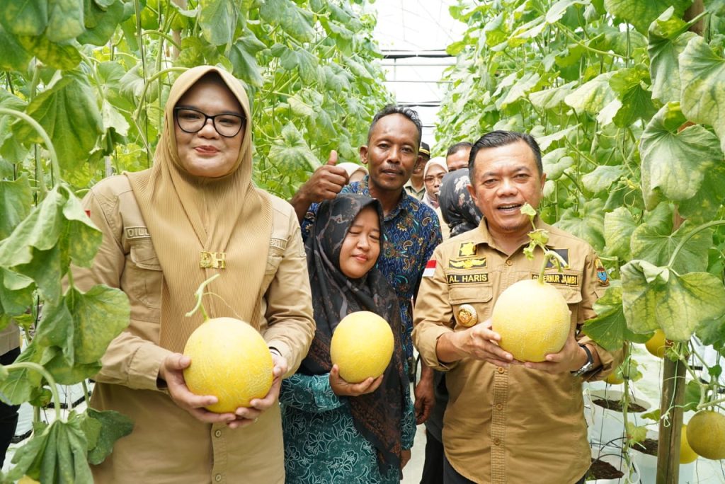 Gubernur Jambi Al Haris dan Bupati Tanjab Timur Dillah Hich memegang melon hasil panen